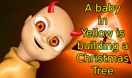 A baby in Yellow is building a Christmas Tree