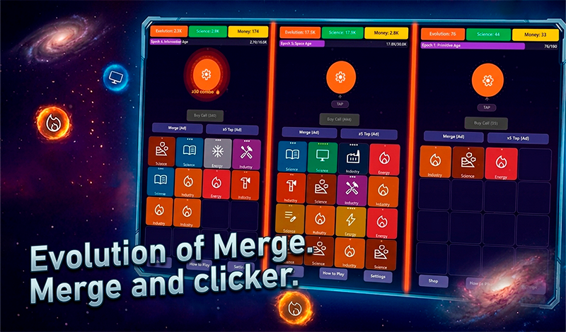 Evolution of Merge. Merge and clicker. game cover