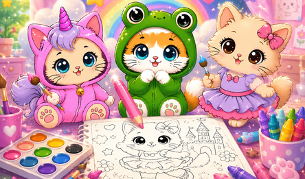 Kittens - simple coloring book with stickers