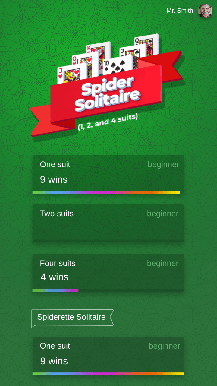Spider Solitaire (1, 2, and 4 suits) (by razlozhi): Play