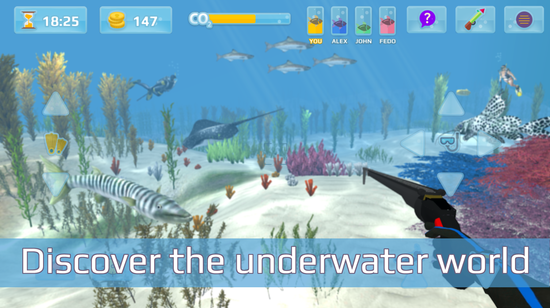 Hunter underwater spearfishing. Diving. screenshot