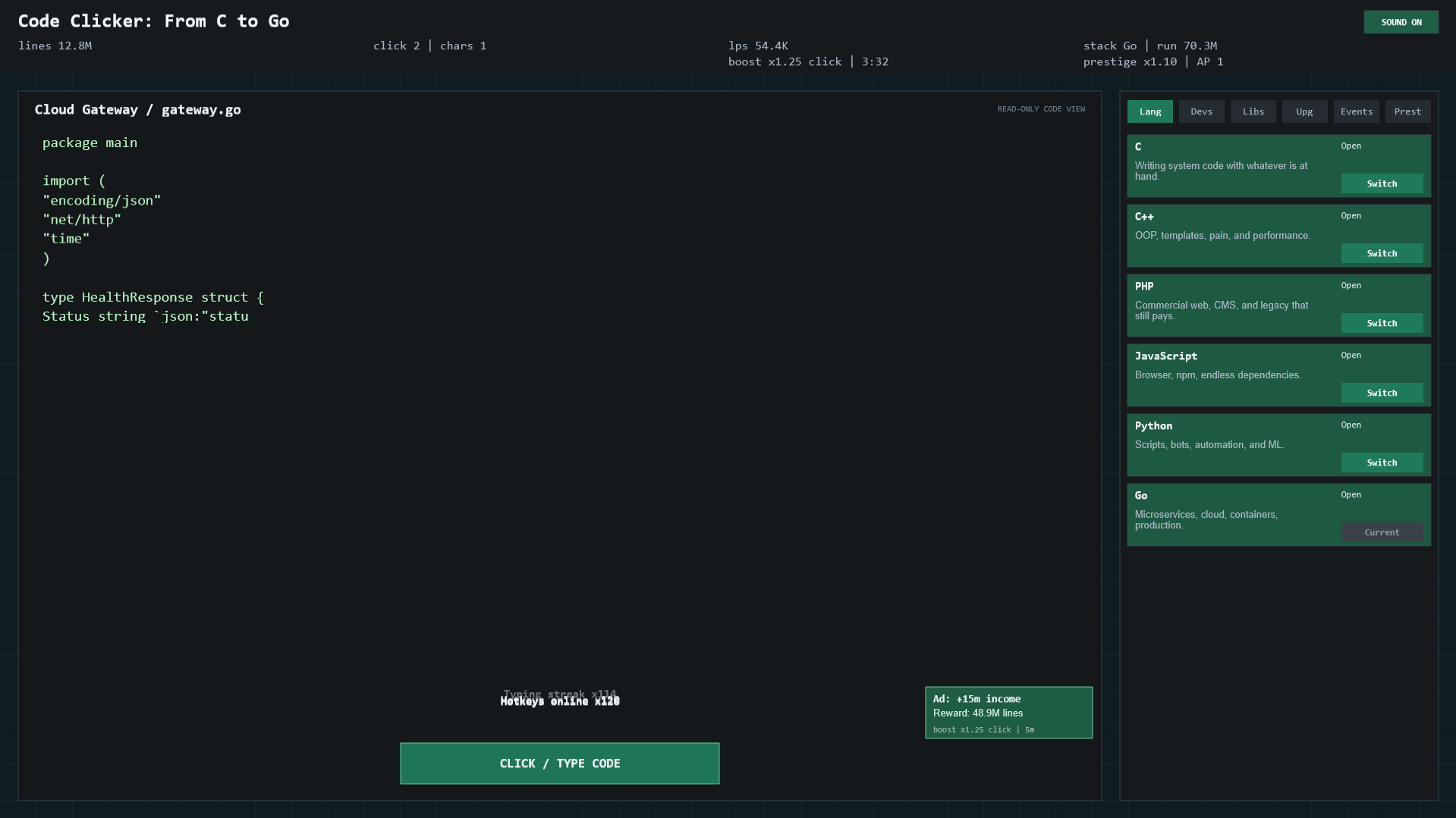 Code Clicker: From C to Go — screenshot 3