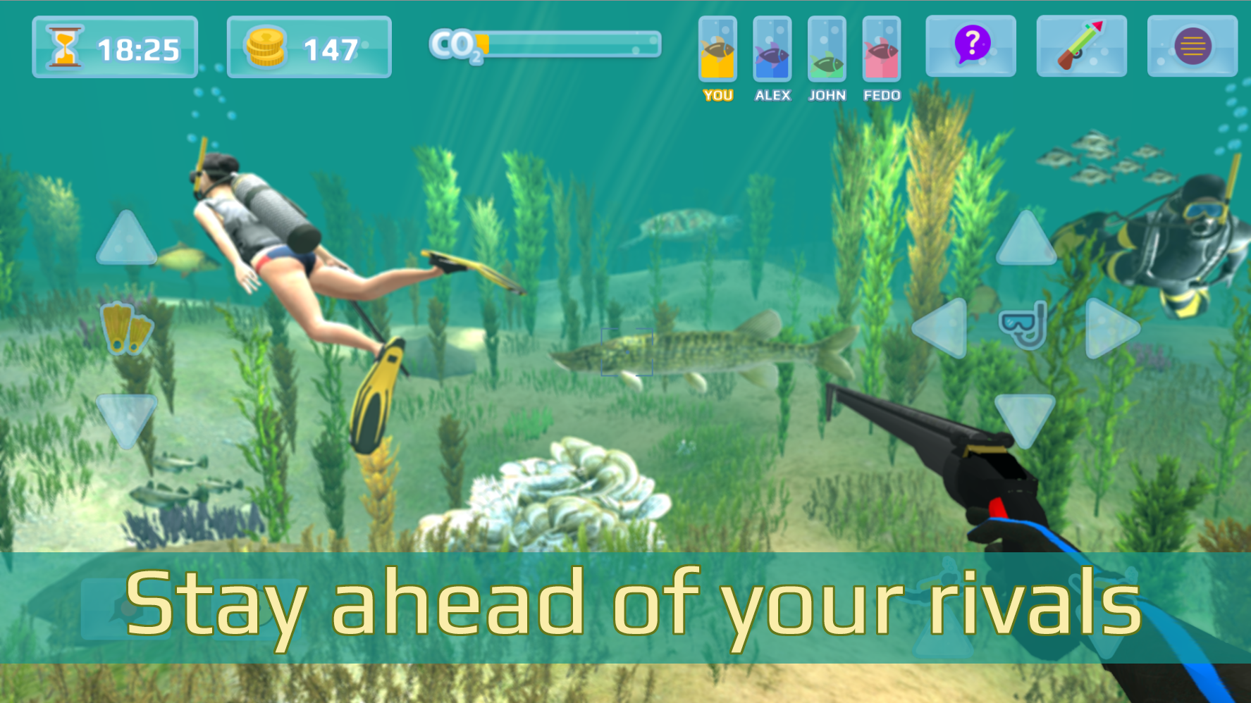Hunter underwater spearfishing. Diving. screenshot